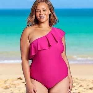 Women’s Ruffle‎ One Shoulder Coverage One Piece Pink Swimsuit
Size L (12-14